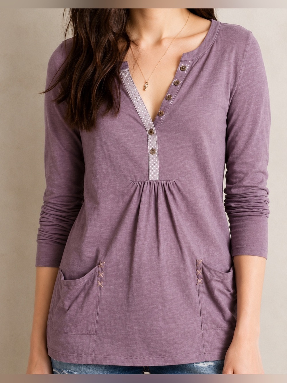 Anthro Little Yellow Button purple pocket top, small